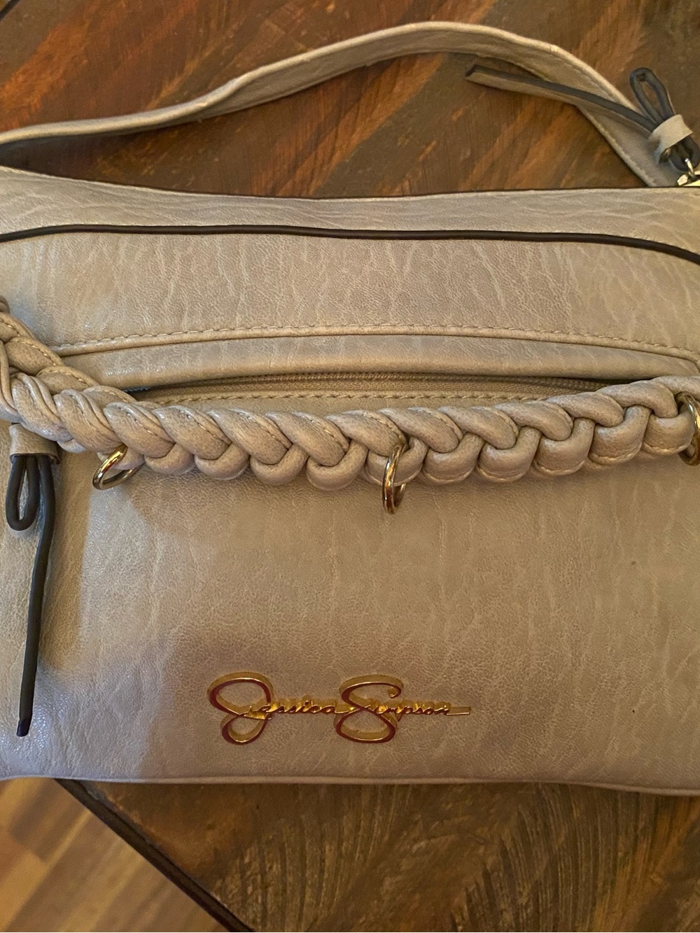 Jessica Simpson Light Taupe Braided-Trim Shoulder Bag with Gold Logo